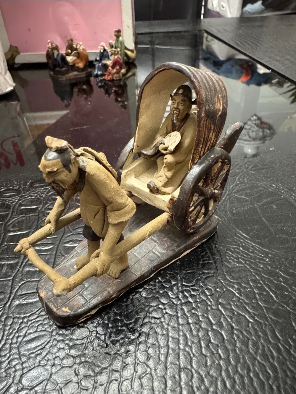 Handcrafted Tan & Brown Asian Rickshaw Sculpture - Unbranded